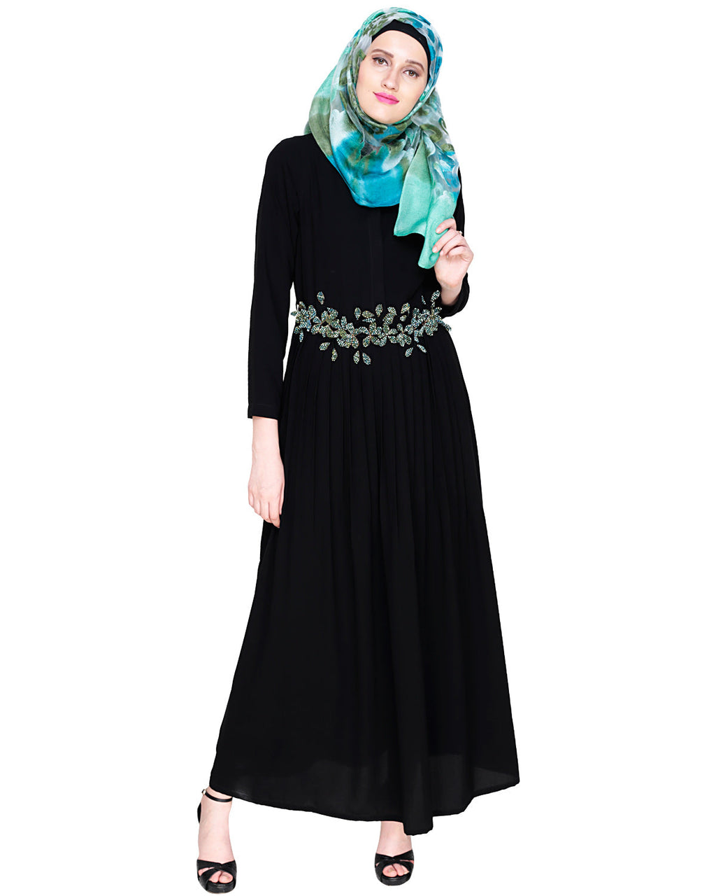 Majestic Floral Dubai Style Belt Abaya Green