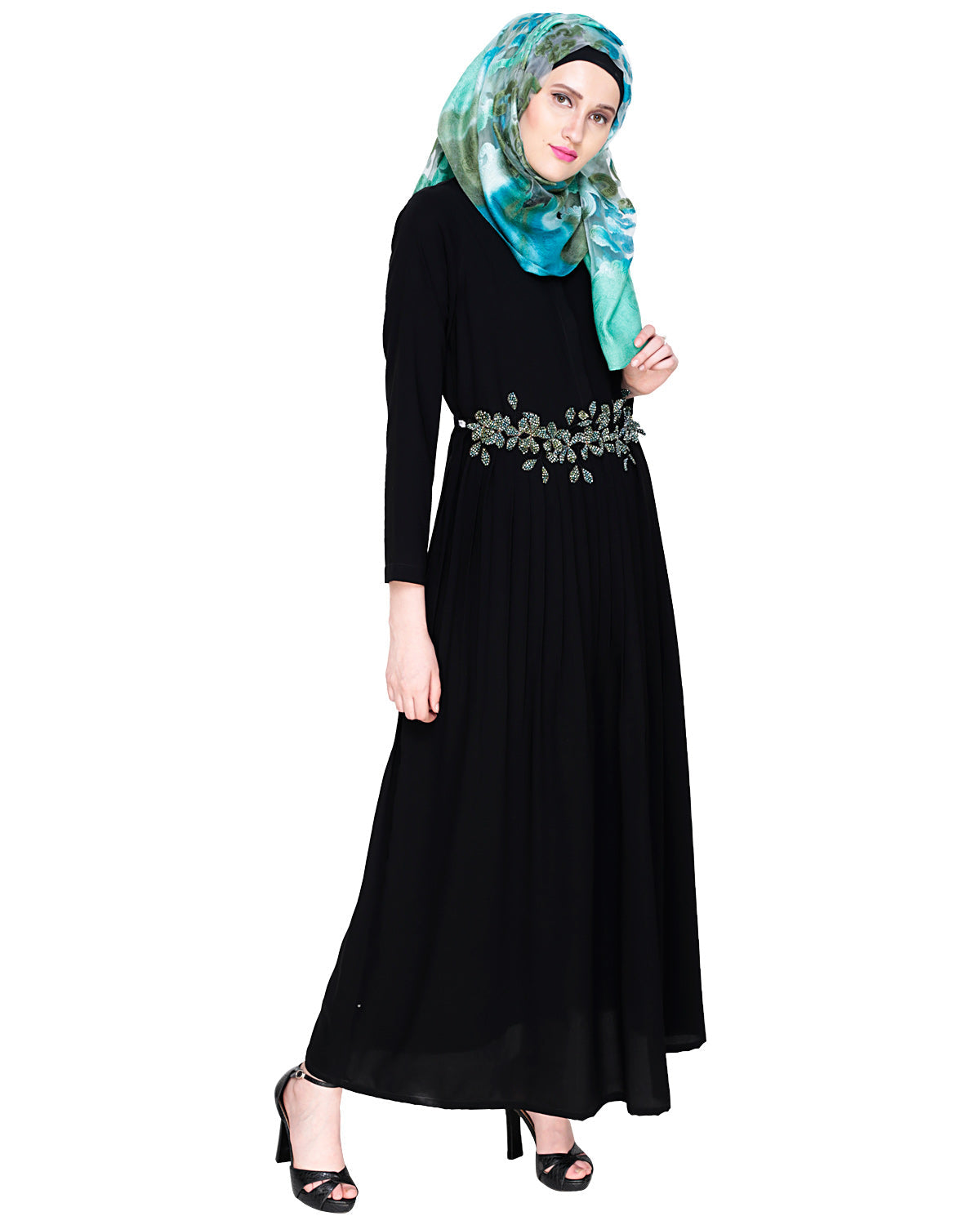 Majestic Floral Dubai Style Belt Abaya Green