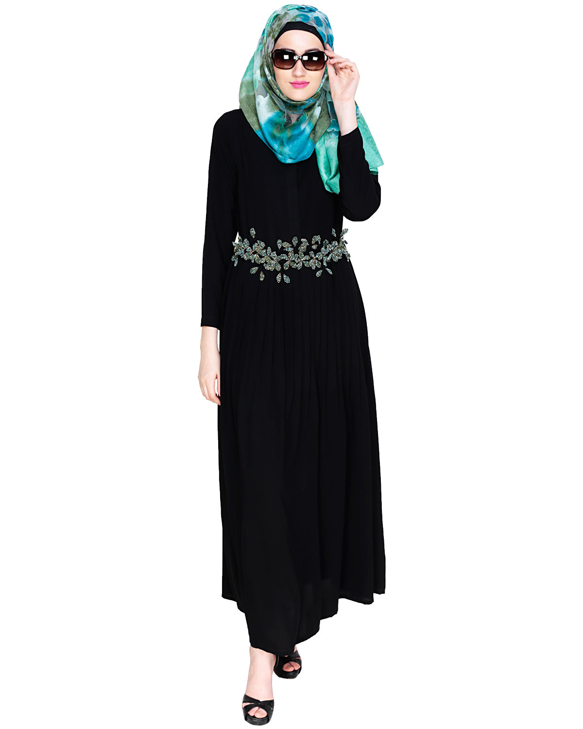 Majestic Floral Dubai Style Belt Abaya Green