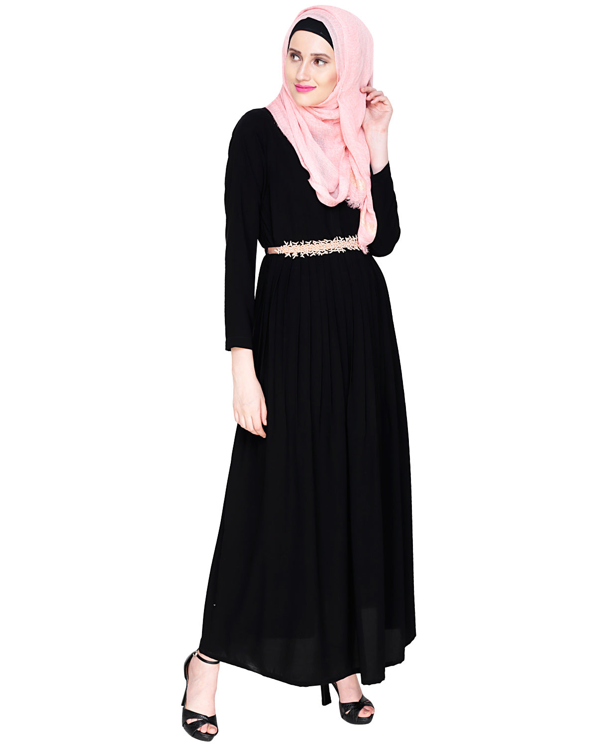 Majestic Floral Dubai Style Belt Abaya Peach