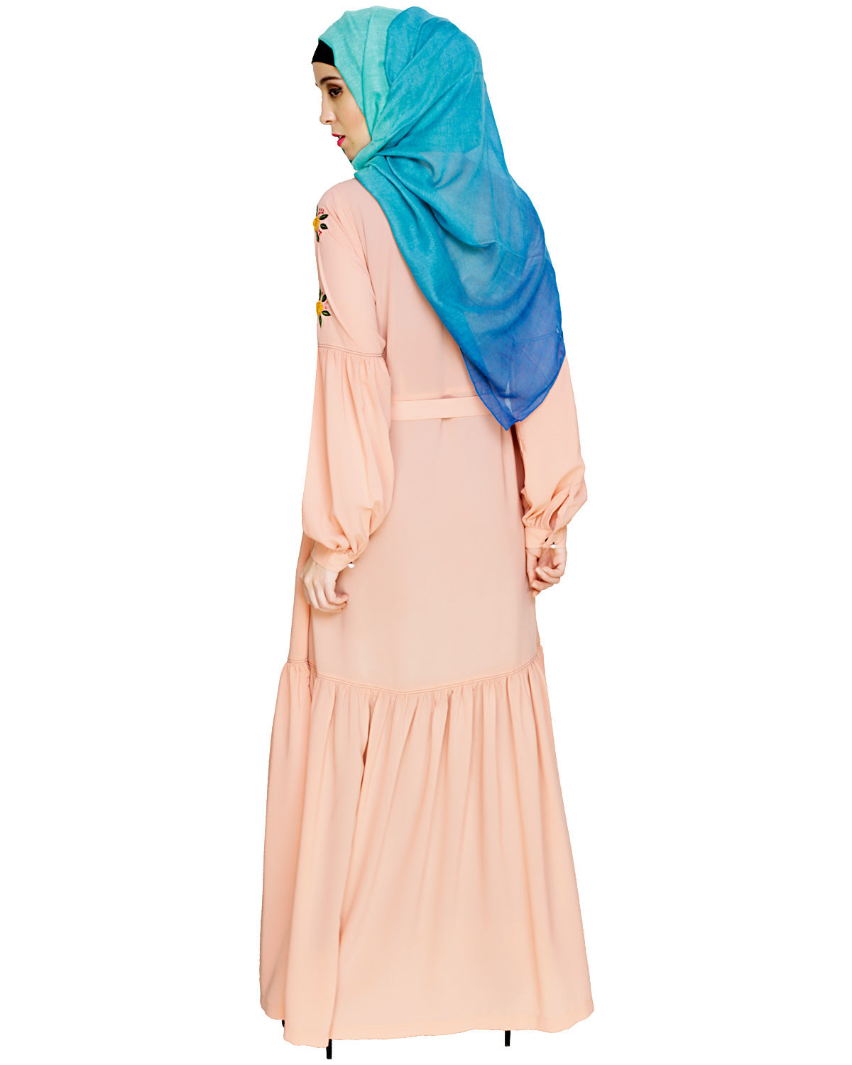 Dreamy Floral Embroiderd Abaya Peach