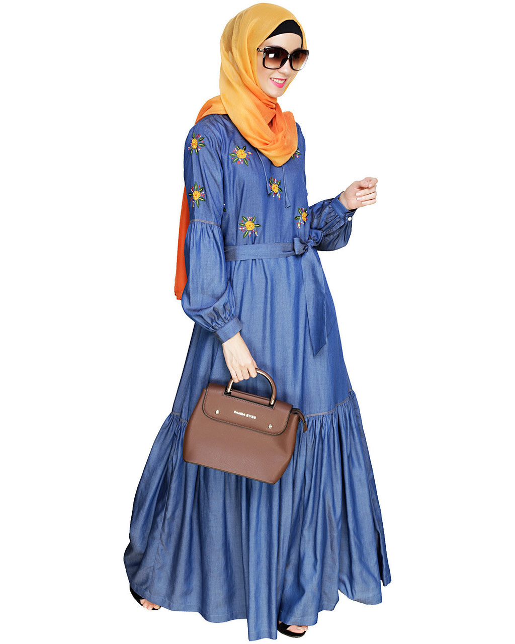Dreamy Floral Embroiderd Denim Abaya Blue
