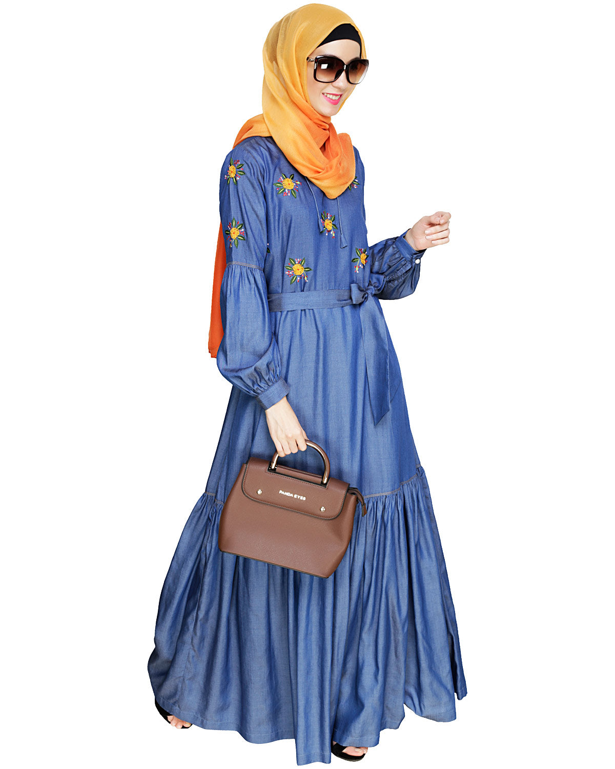 Dreamy Floral Embroiderd Denim Abaya Blue