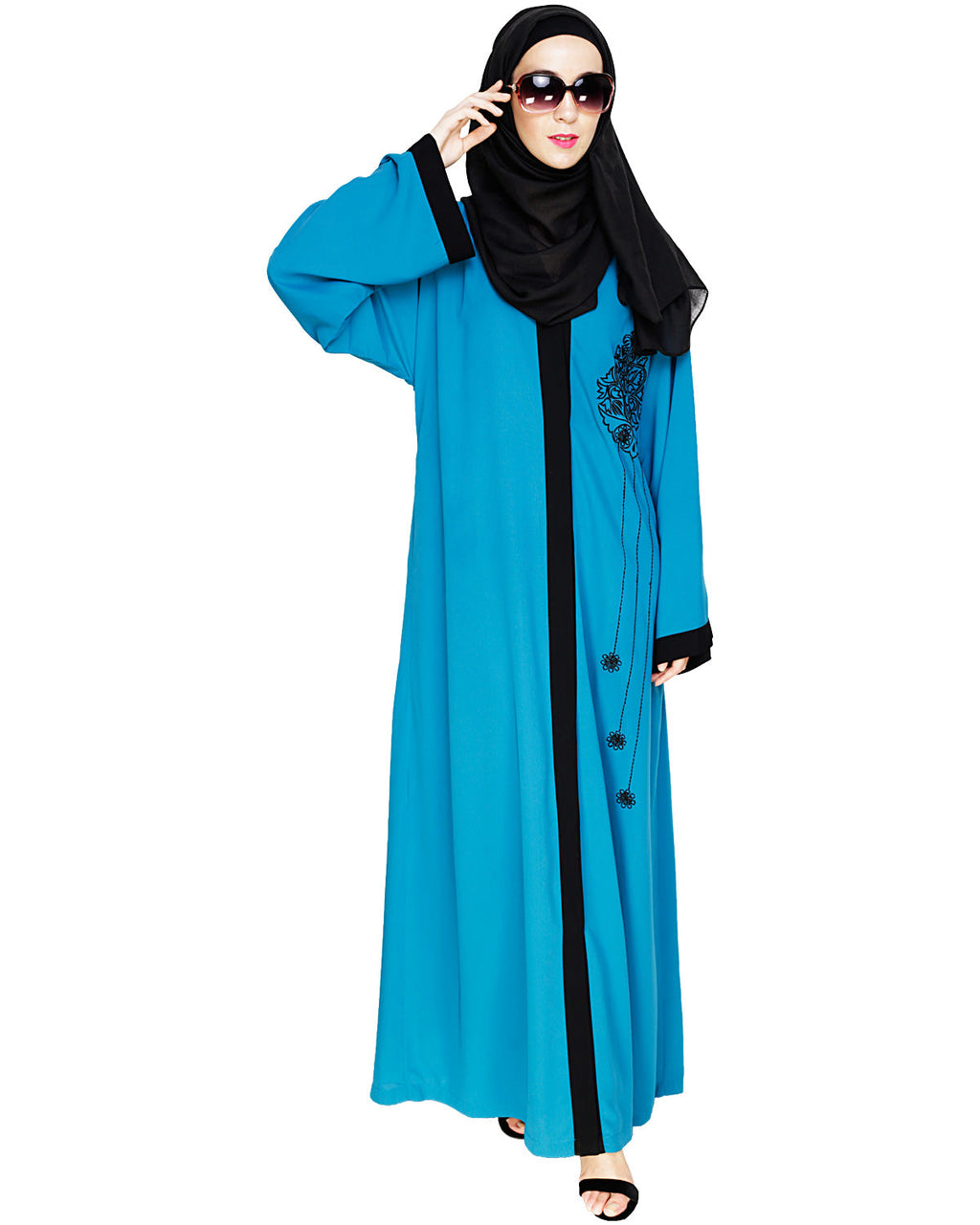 Contrast Embroidered Dubai Style Abaya Blue