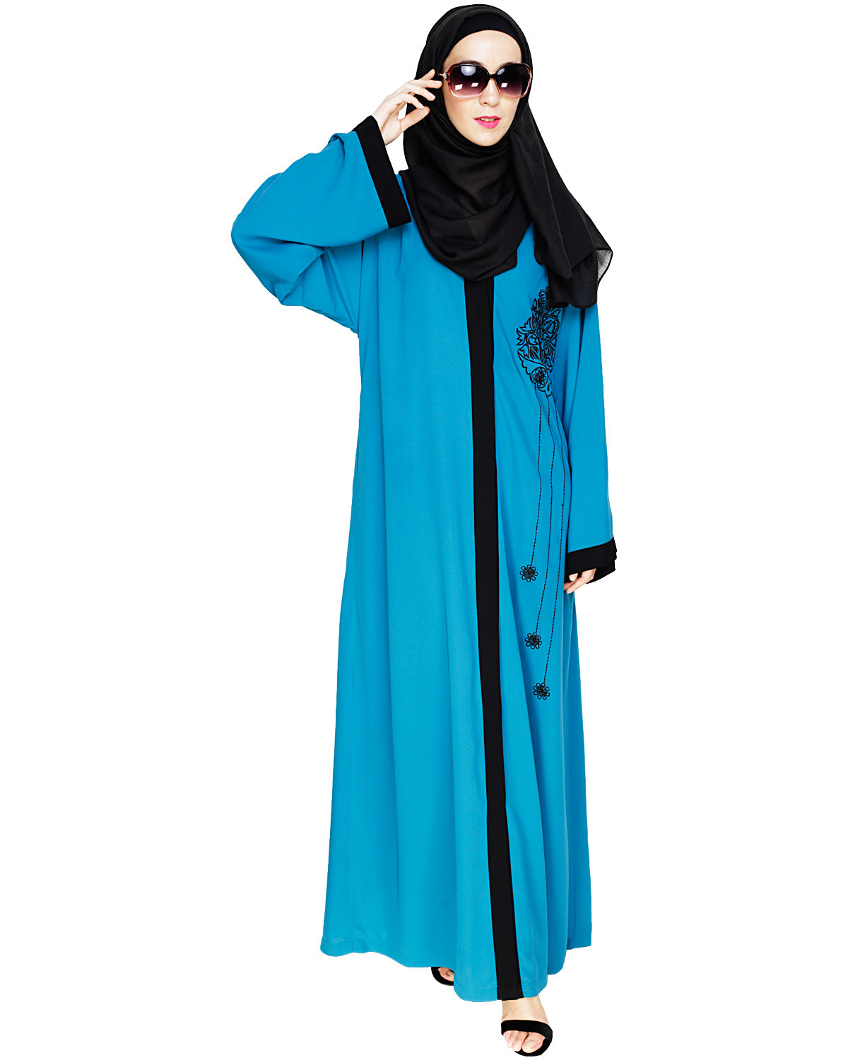 Contrast Embroidered Dubai Style Abaya Blue