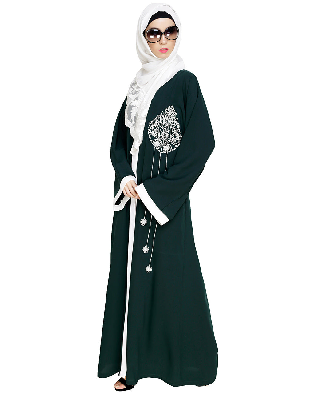 Contrast Embroidered Dubai Style Abaya Green