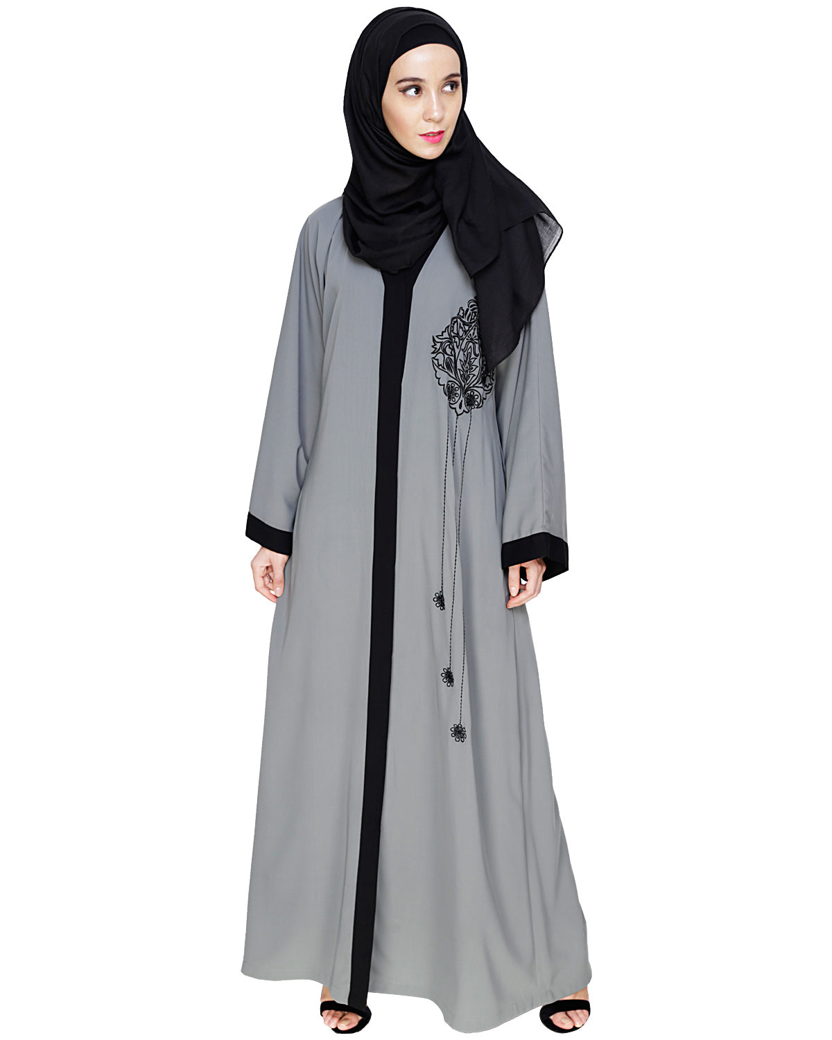 Contrast Embroidered Dubai Style Abaya Grey
