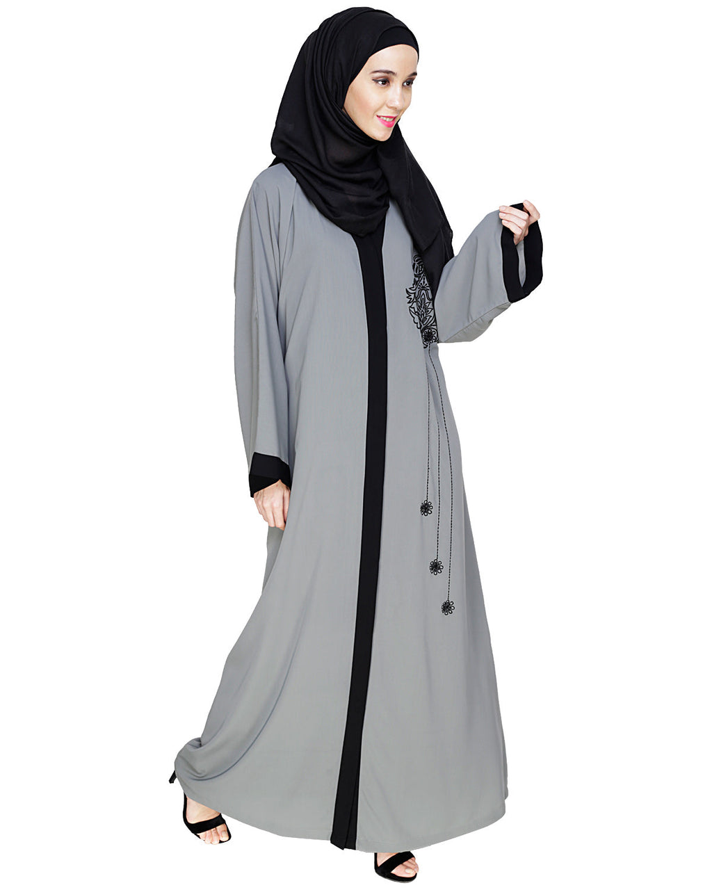 Contrast Embroidered Dubai Style Abaya Grey