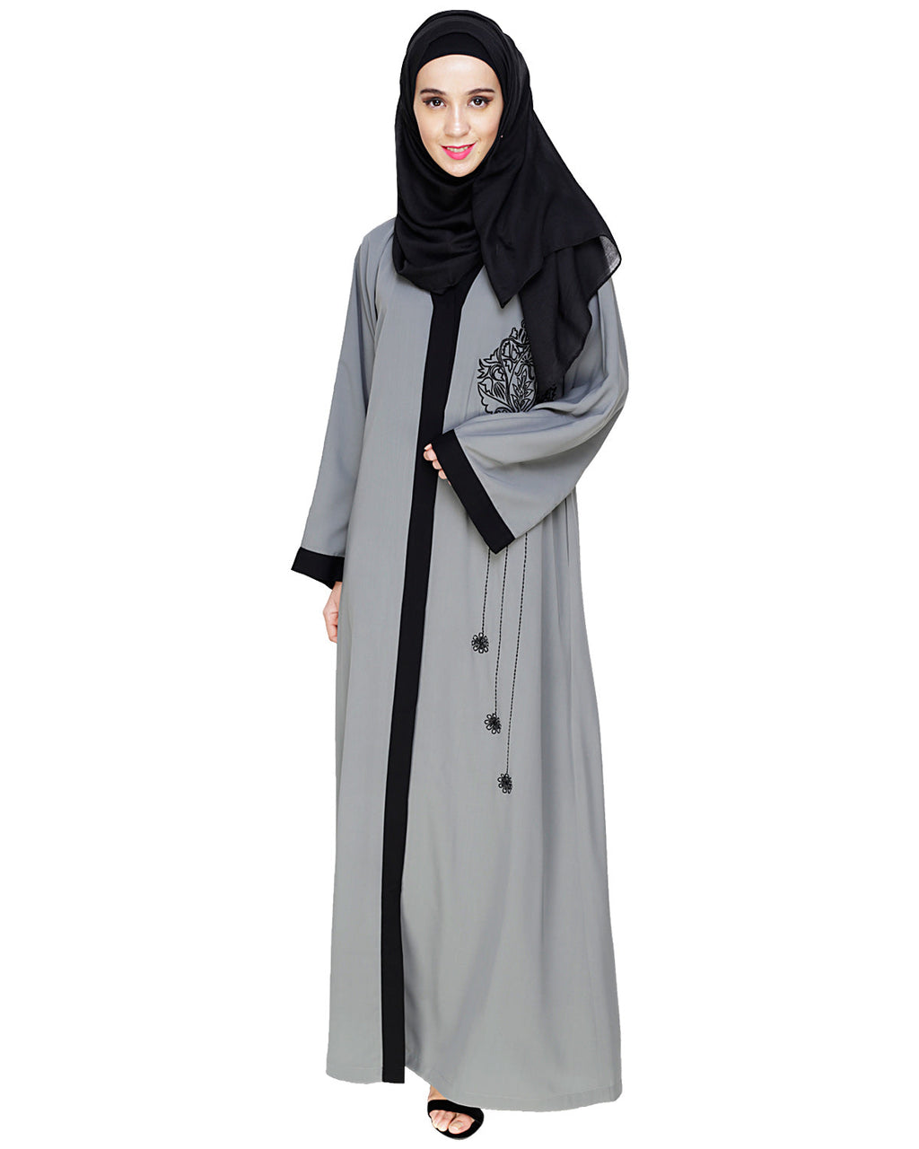 Contrast Embroidered Dubai Style Abaya Grey