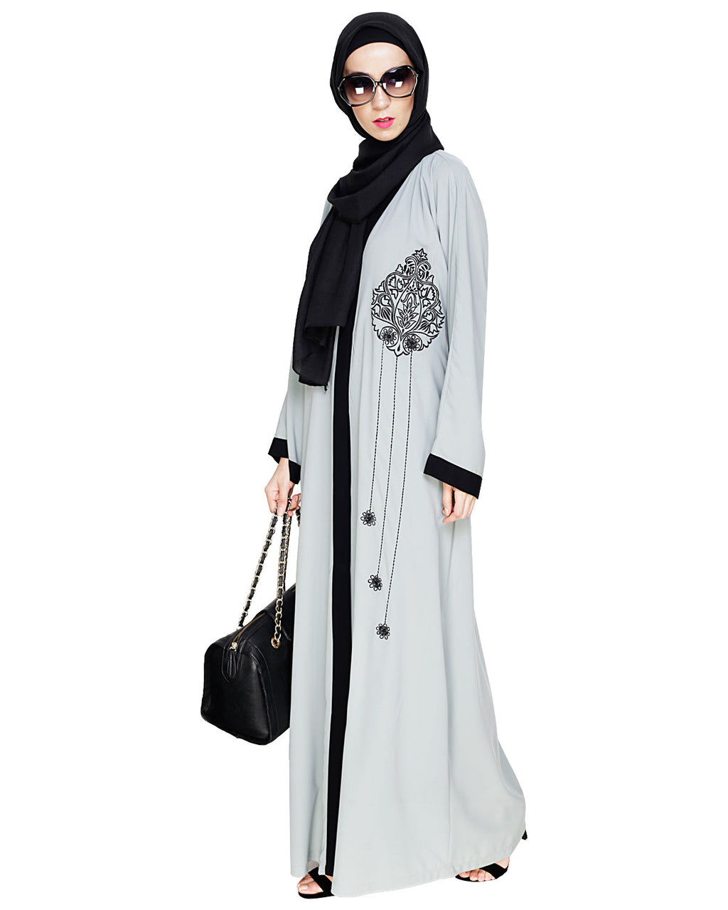 Contrast Embroidered Dubai Style Abaya Sage Green