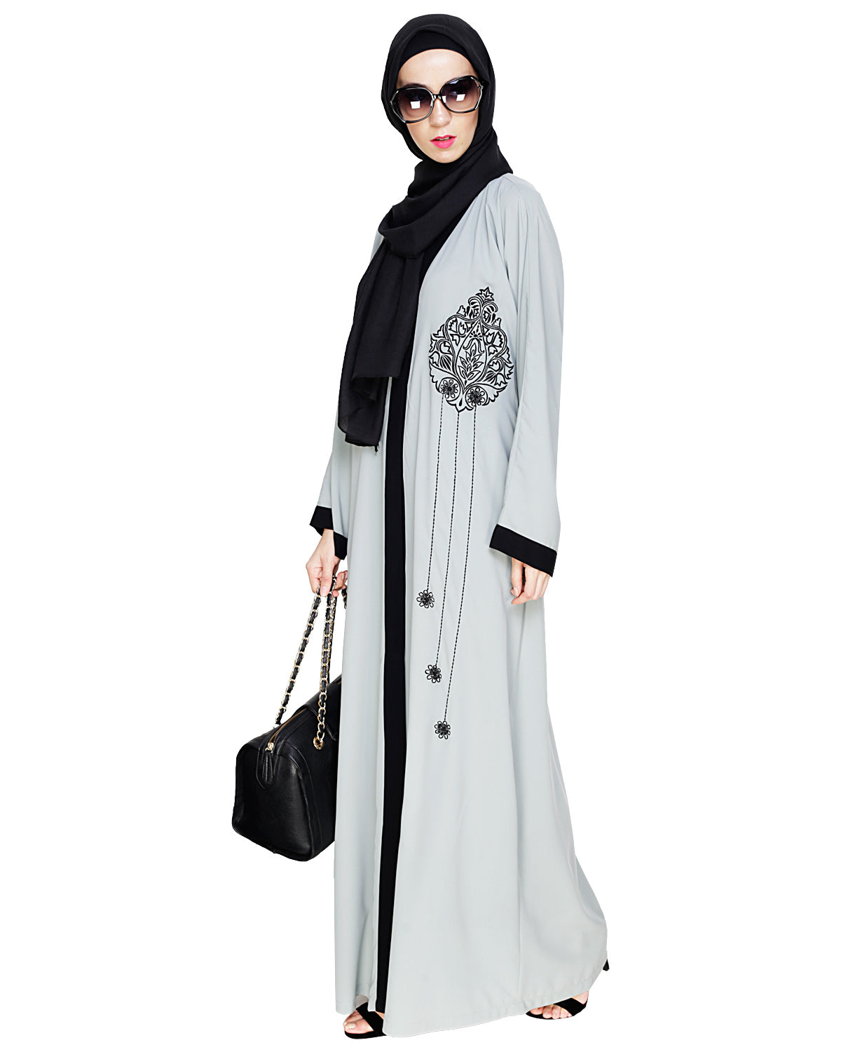 Contrast Embroidered Dubai Style Abaya Sage Green