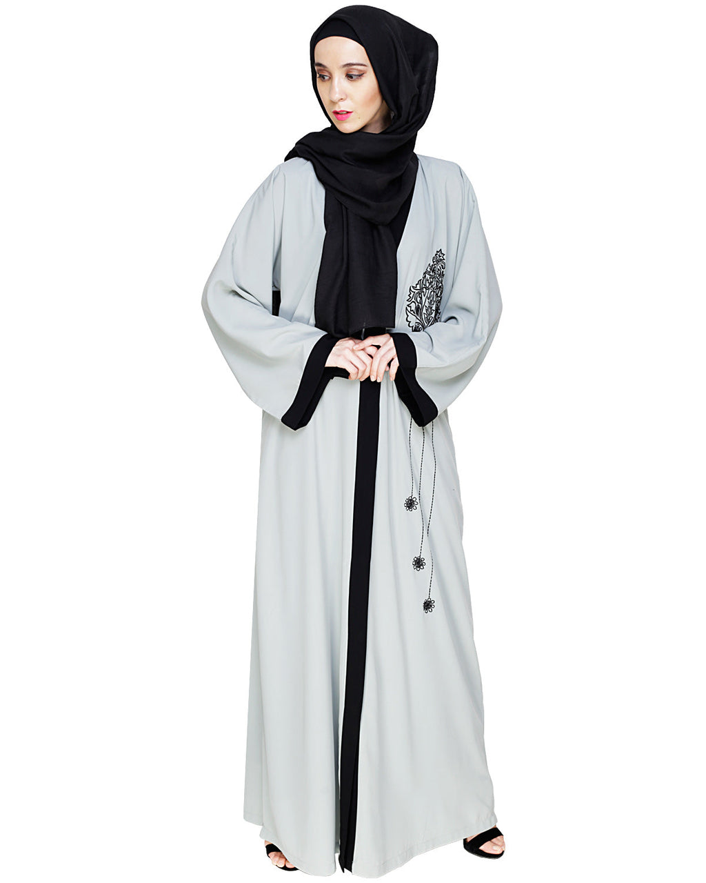 Contrast Embroidered Dubai Style Abaya Sage Green