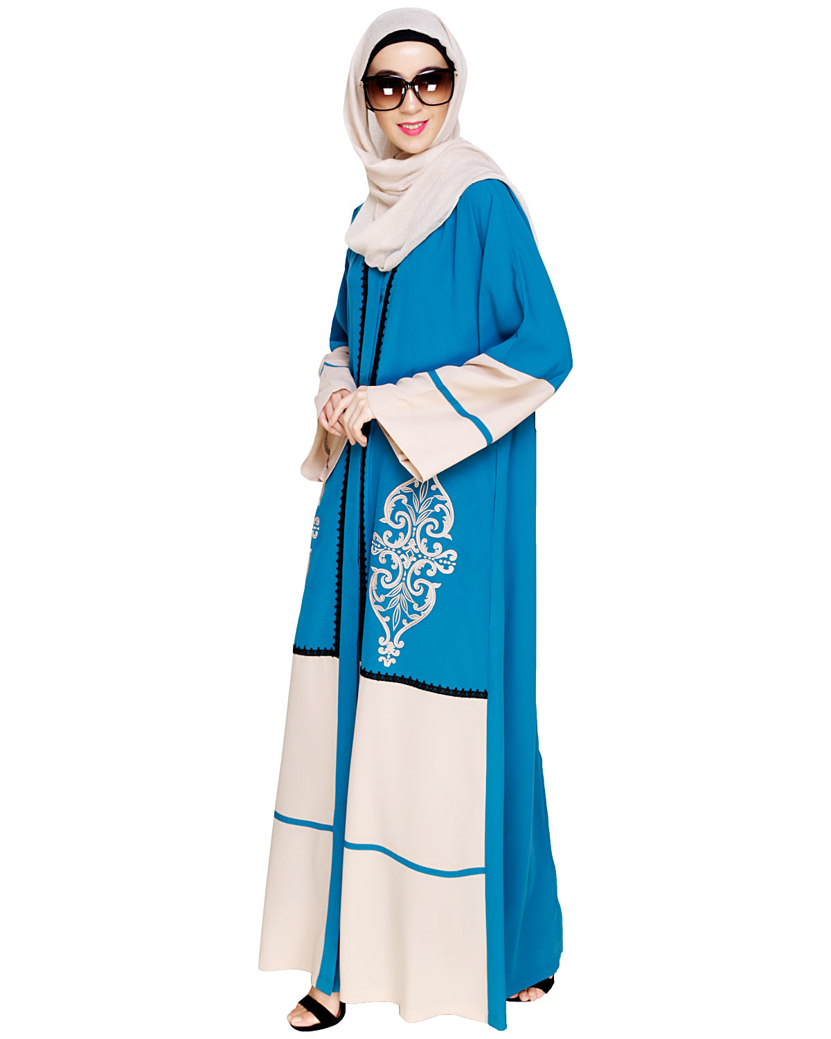 Flamboyant Embroidered Dubai Style Abaya Teal Blue