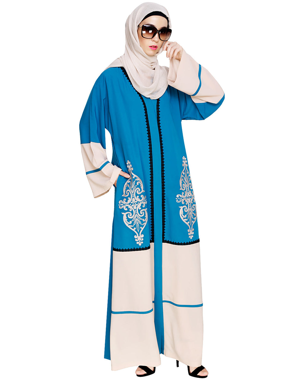 Flamboyant Embroidered Dubai Style Abaya Teal Blue