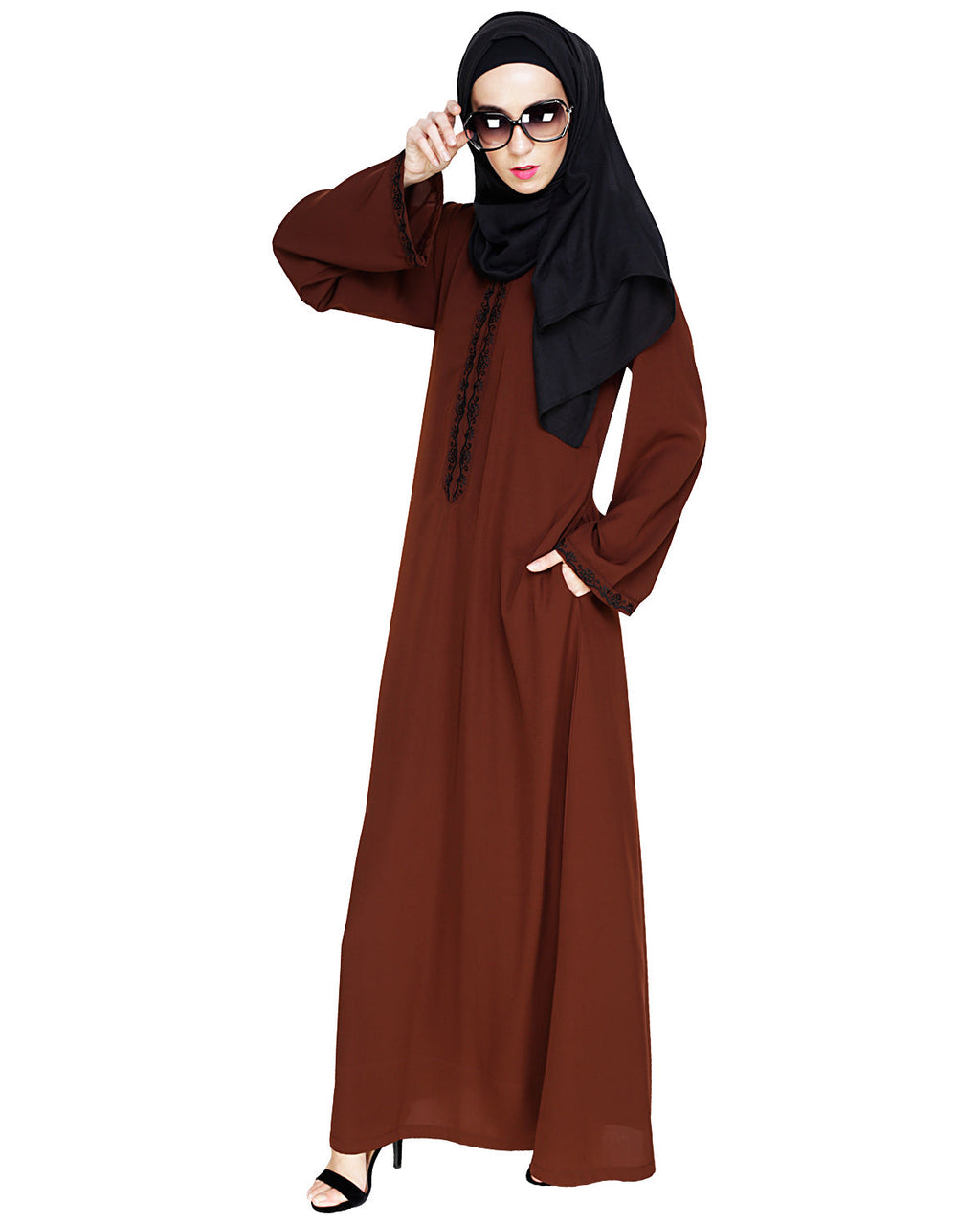 Lotus Embroidered Dubai Style Abaya Brown