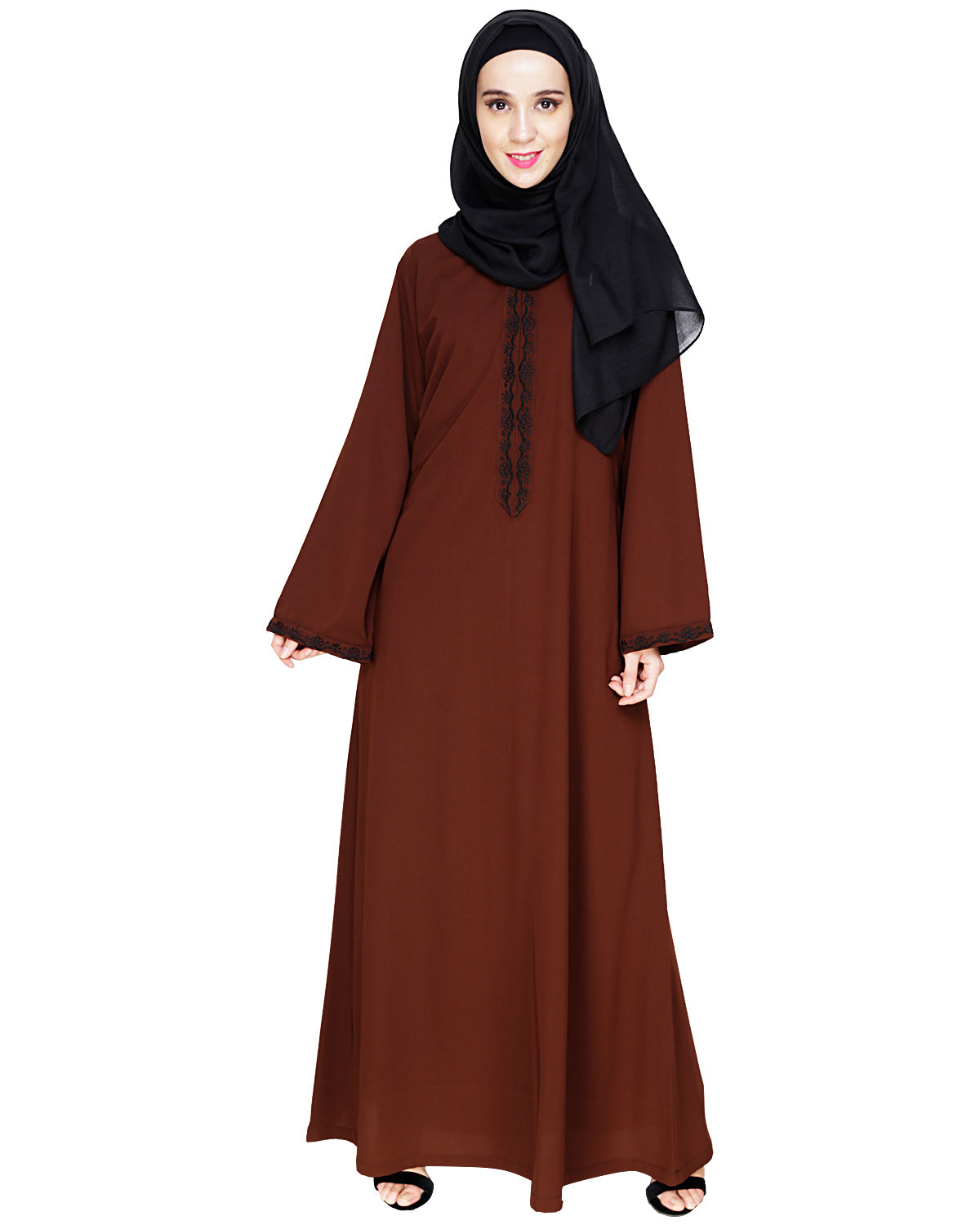 Lotus Embroidered Dubai Style Abaya Brown