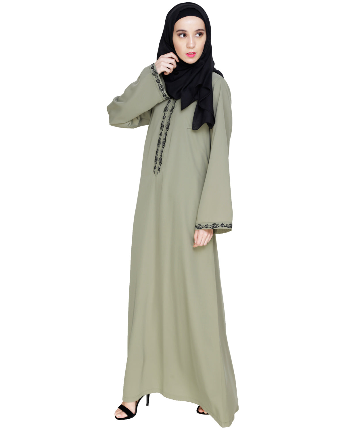 Lotus Embroidered Dubai Style Abaya Dead Mint