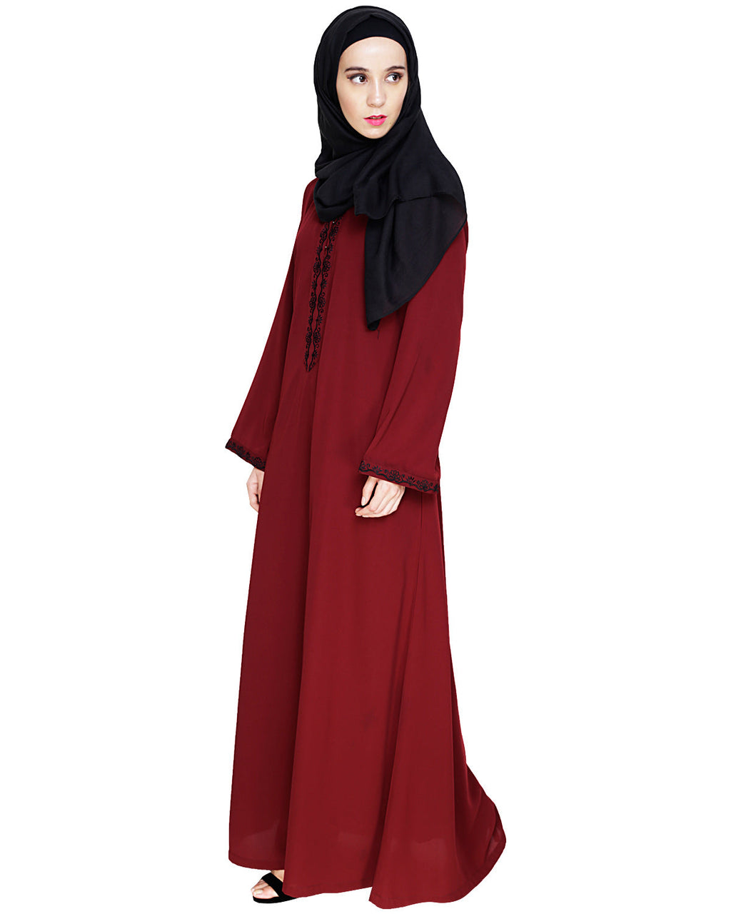 Lotus Embroidered Dubai Style Abaya Wine