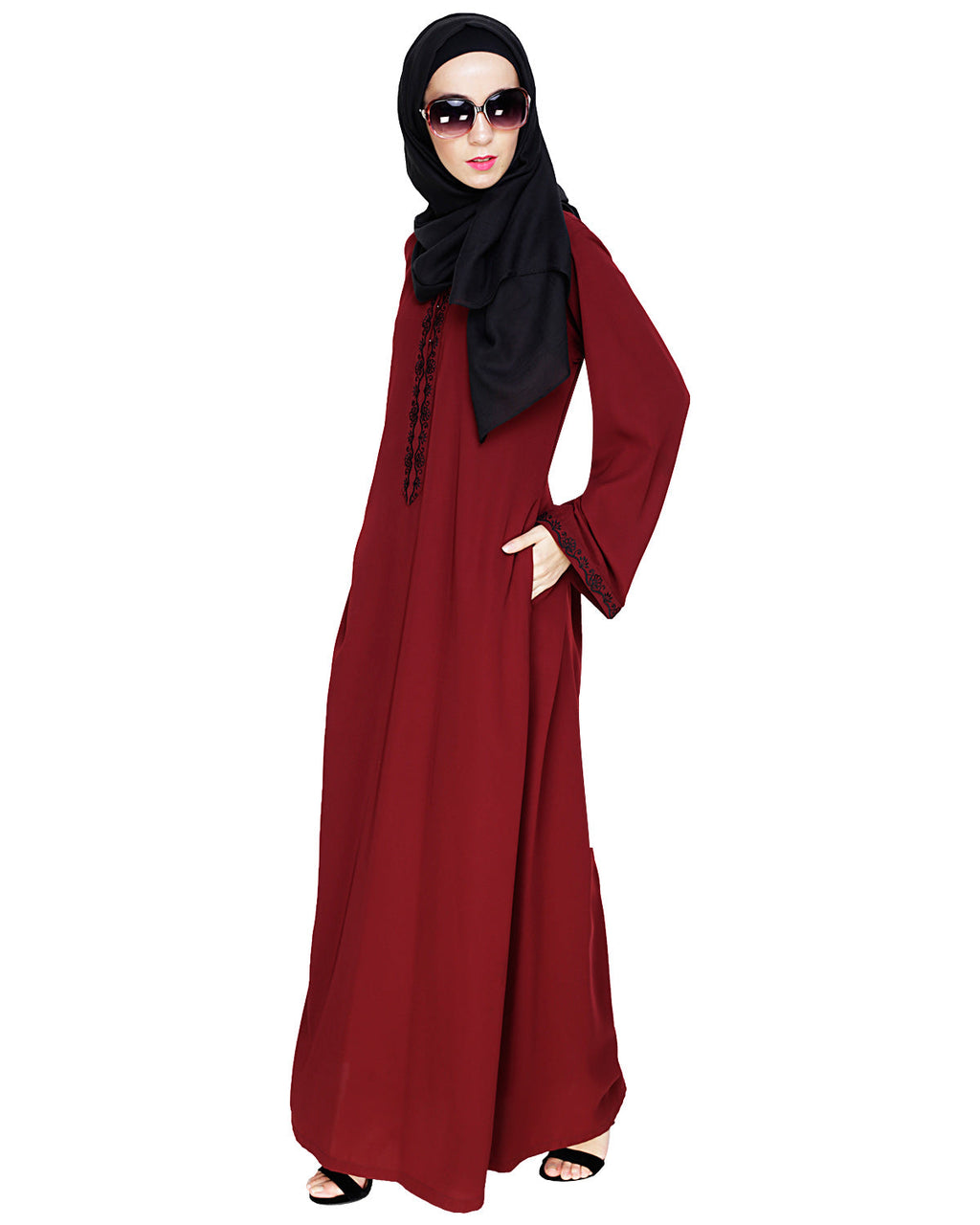 Lotus Embroidered Dubai Style Abaya Wine
