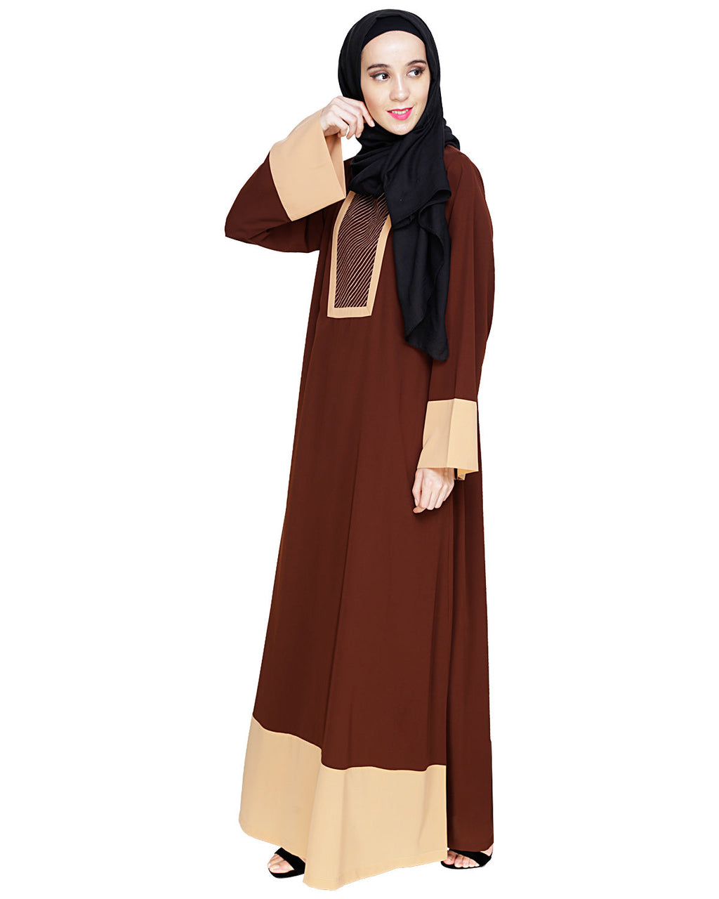 Embroidered Yoke Dubai Style Abaya Brown