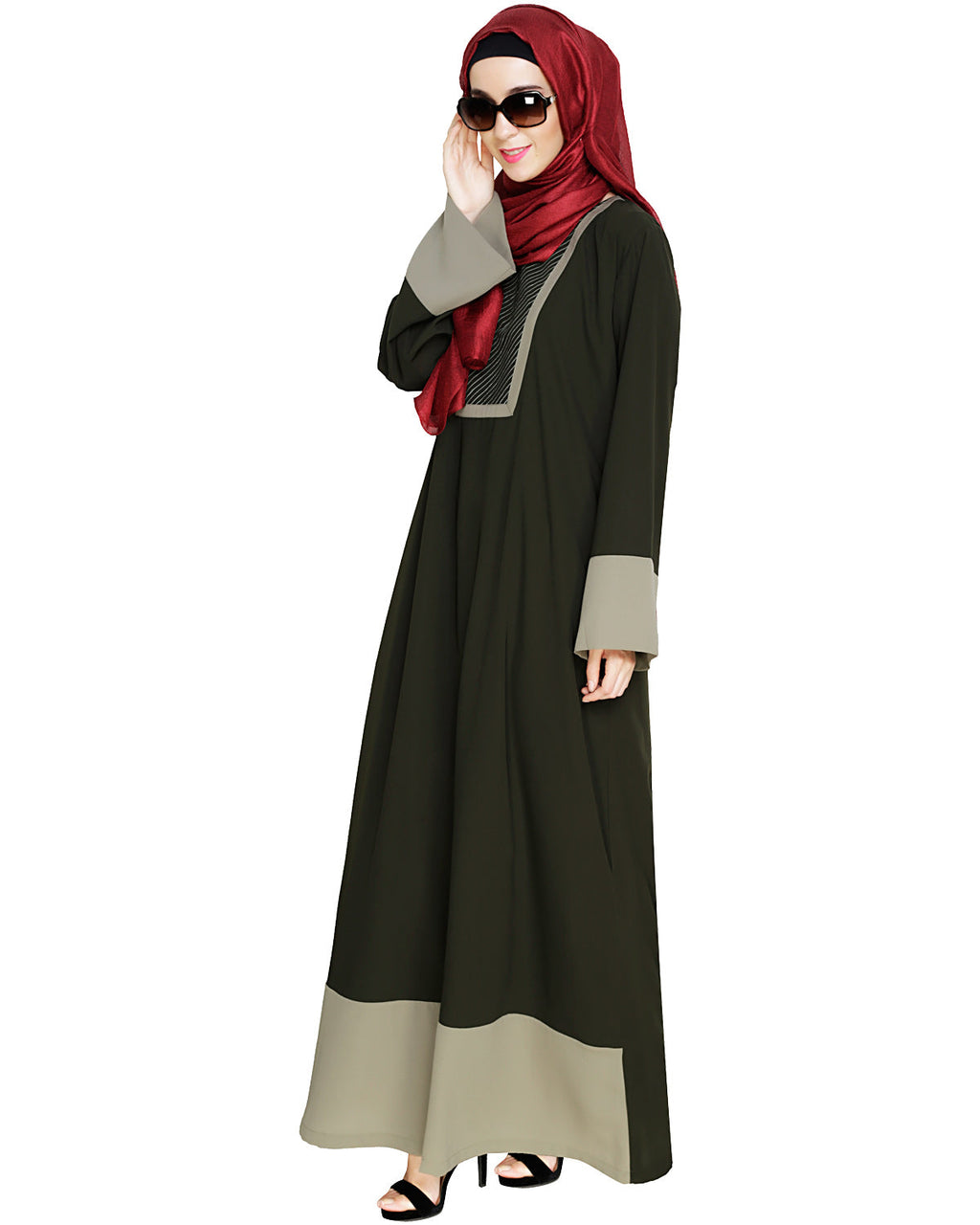 Embroidered Yoke Dubai Style Abaya Olive