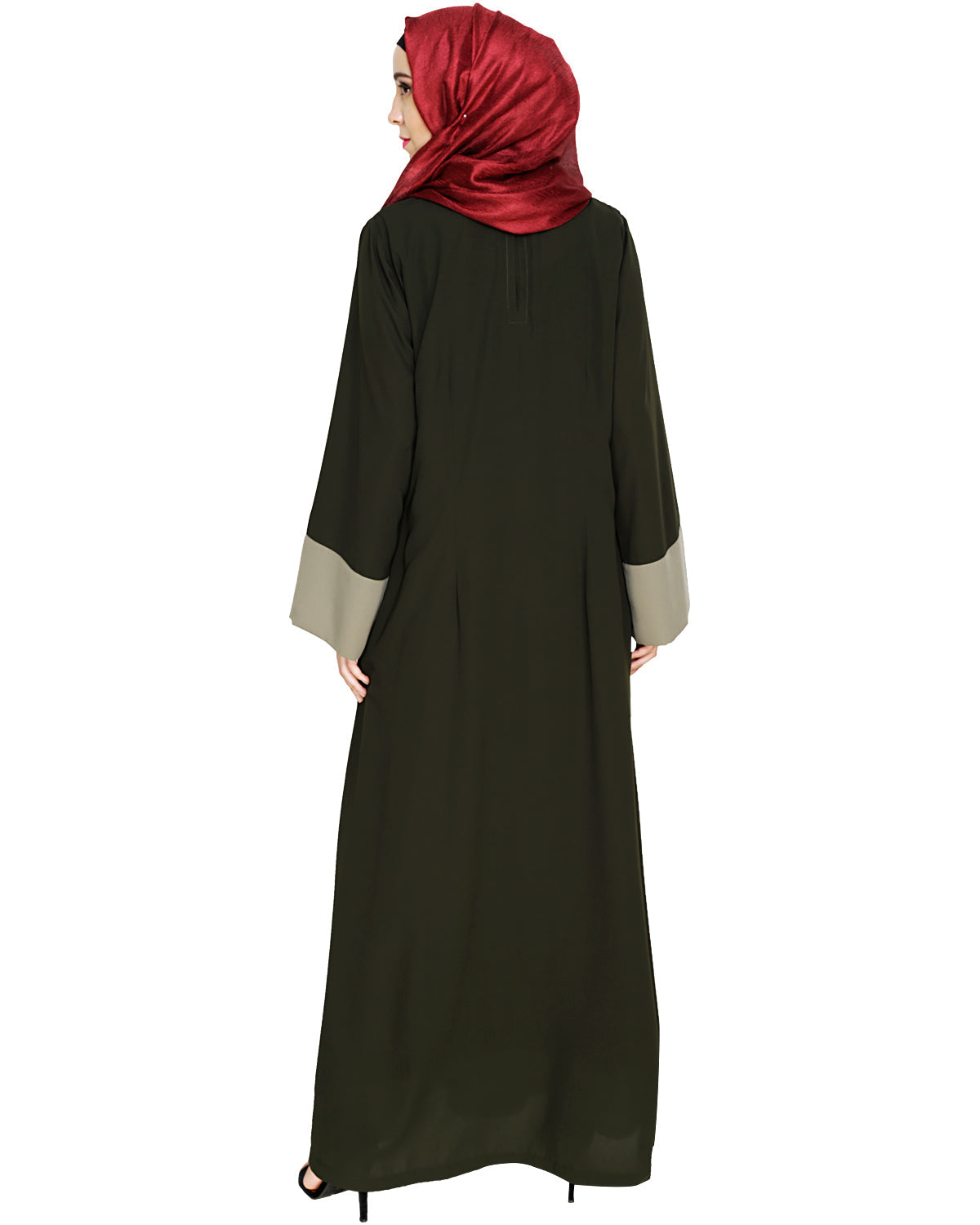 Embroidered Yoke Dubai Style Abaya Olive