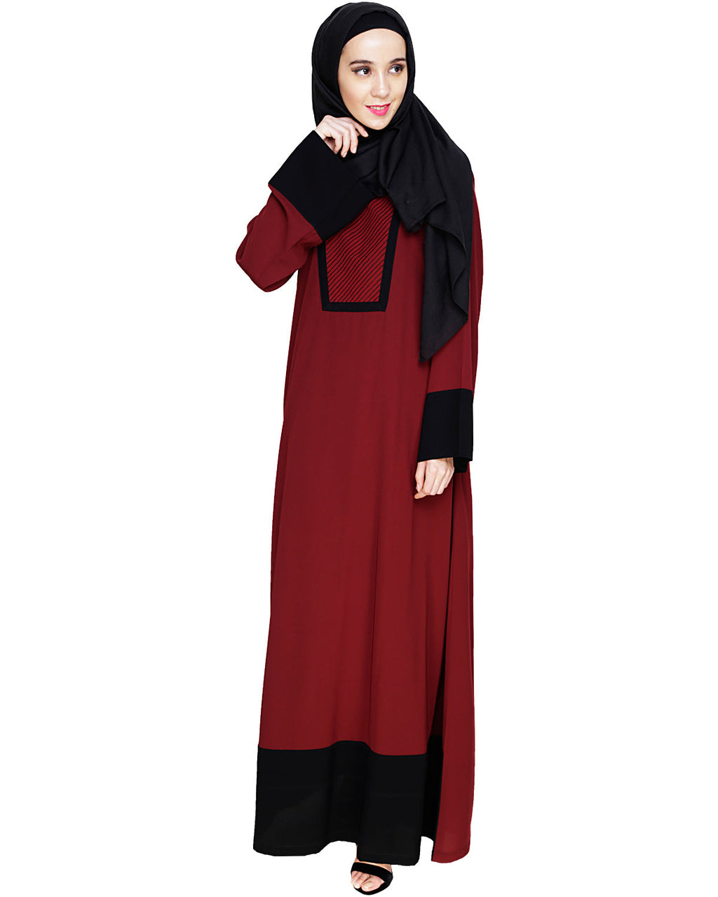 Embroidered Yoke Dubai Style Abaya Wine