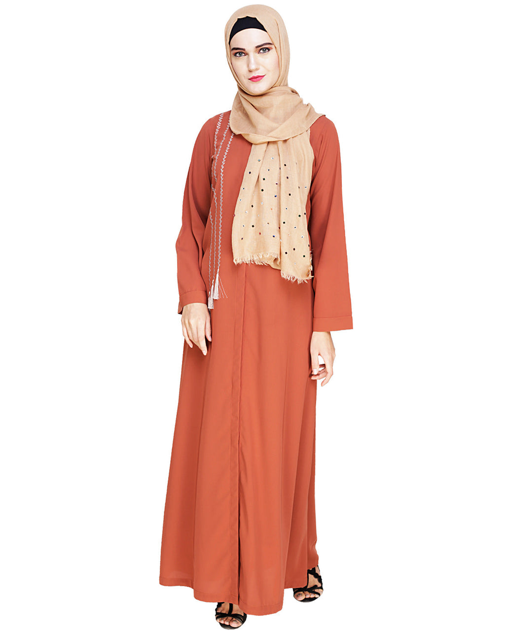 Elegant Embroidered Abaya Brick Red
