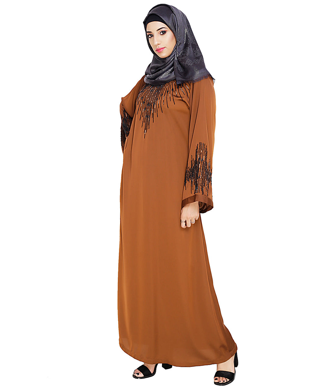 Ornate Black Dubai Style Abaya Brown