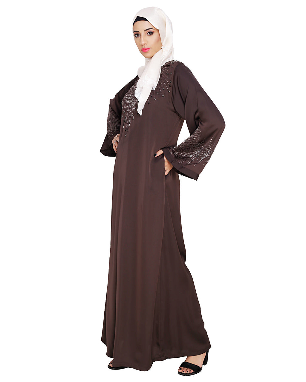 Ornate Black Dubai Style Abaya Dark Brown
