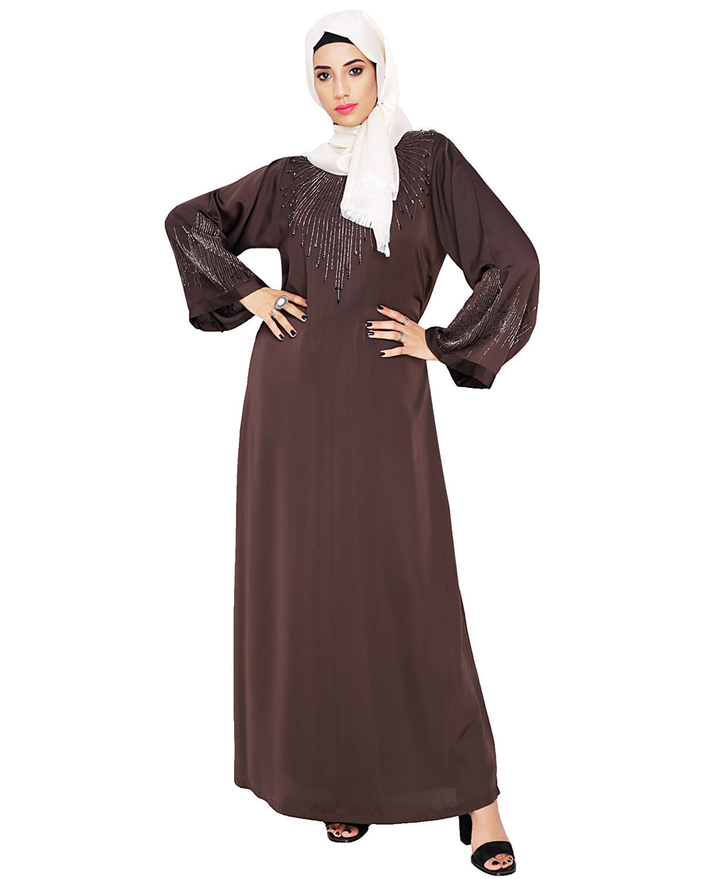 Ornate Black Dubai Style Abaya Dark Brown