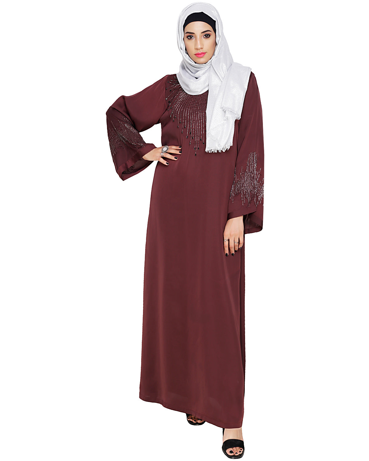 Ornate Black Dubai Style Abaya Dark Purple