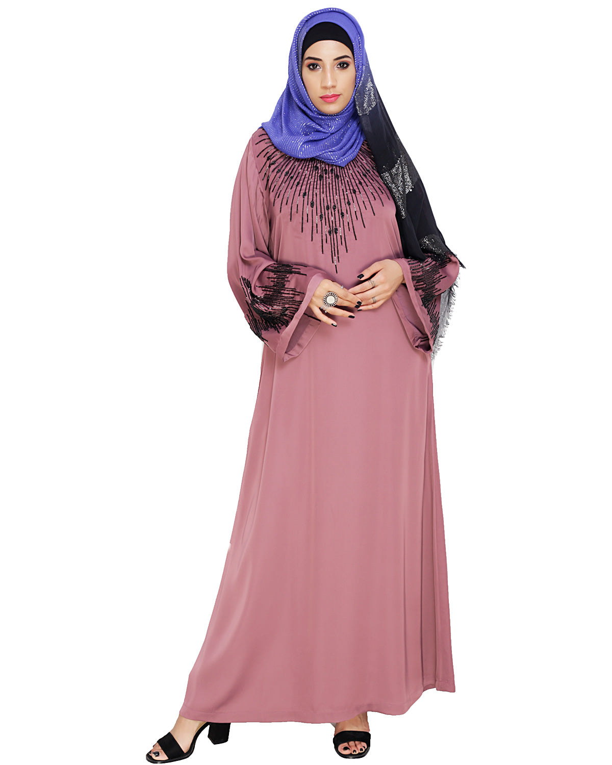 Ornate Black Dubai Style Abaya Onion Pink