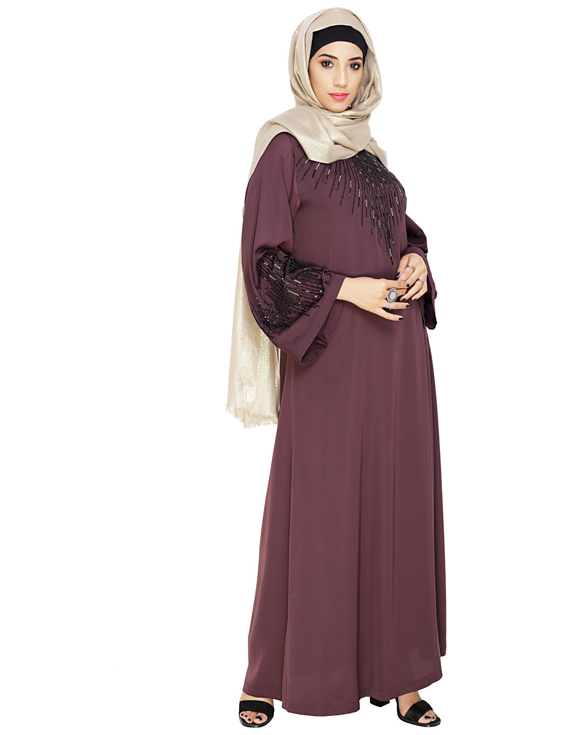 Ornate Black Dubai Style Abaya Purple