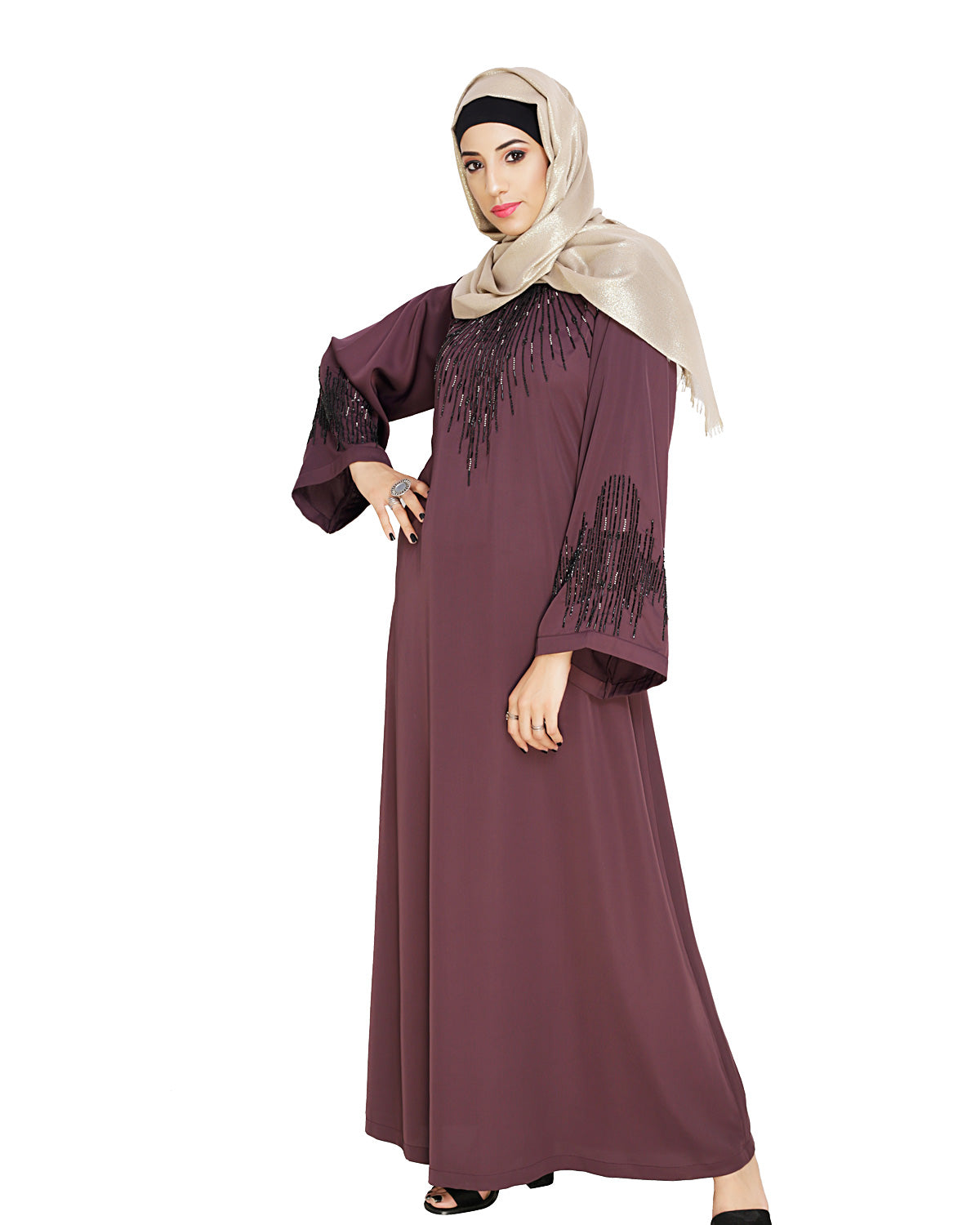 Ornate Black Dubai Style Abaya Purple