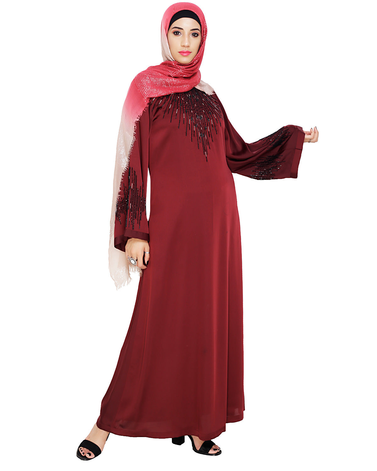 Ornate Black Dubai Style Abaya Wine