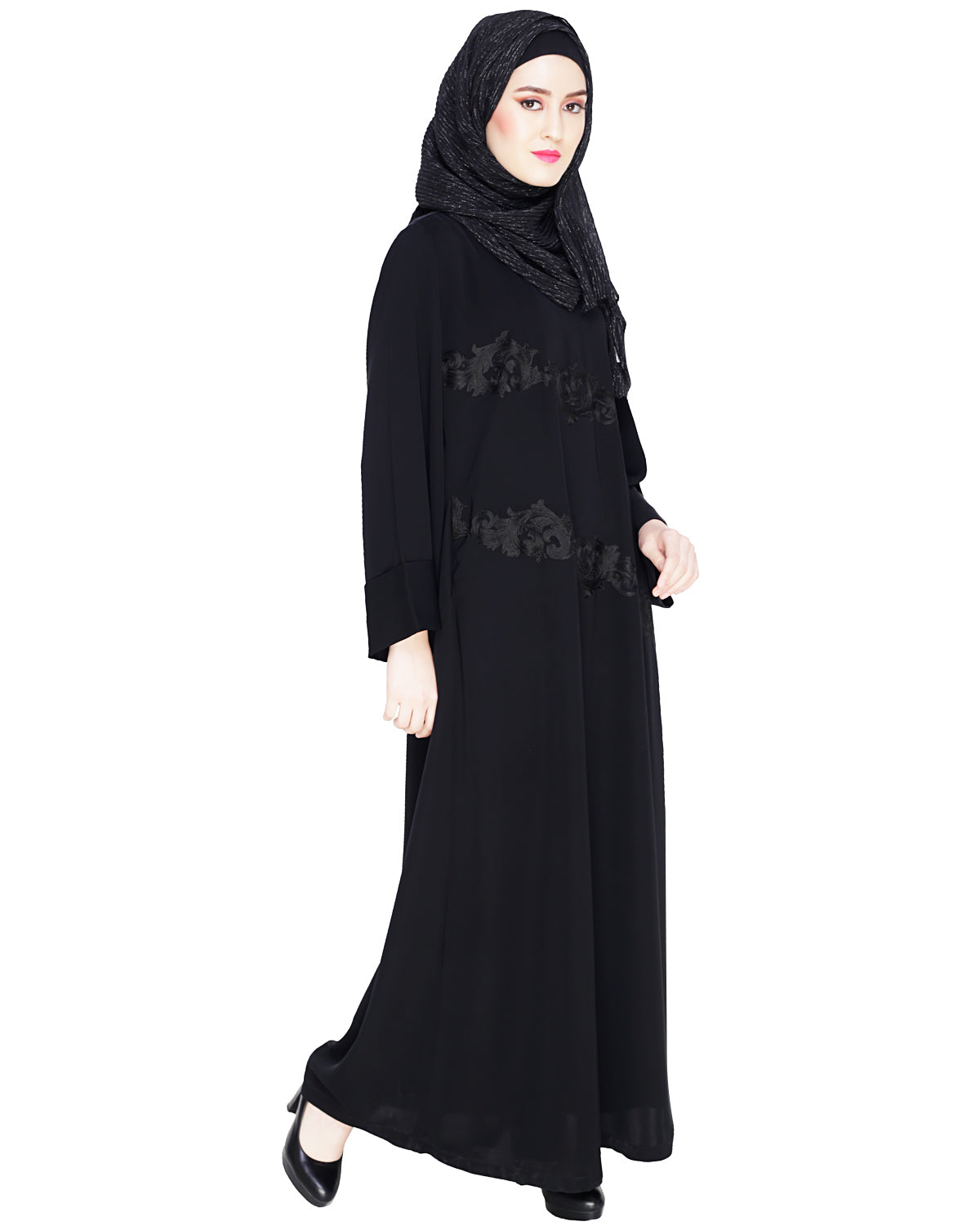 Fancy Motif Embroidered Dubai Style Abaya Black