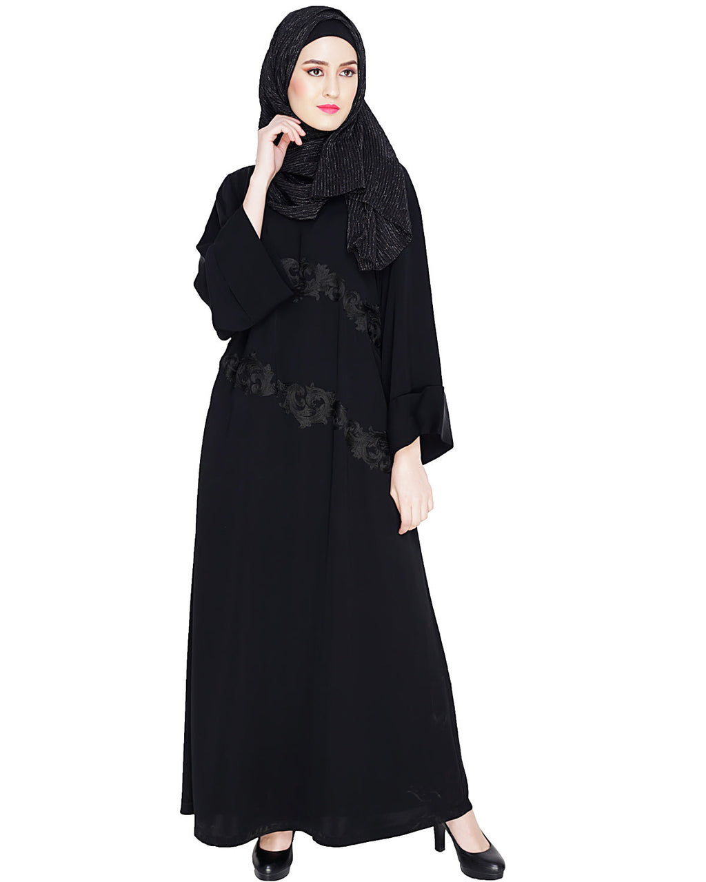 Fancy Motif Embroidered Dubai Style Abaya Black