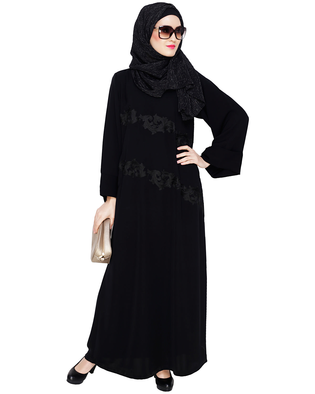 Fancy Motif Embroidered Dubai Style Abaya Black