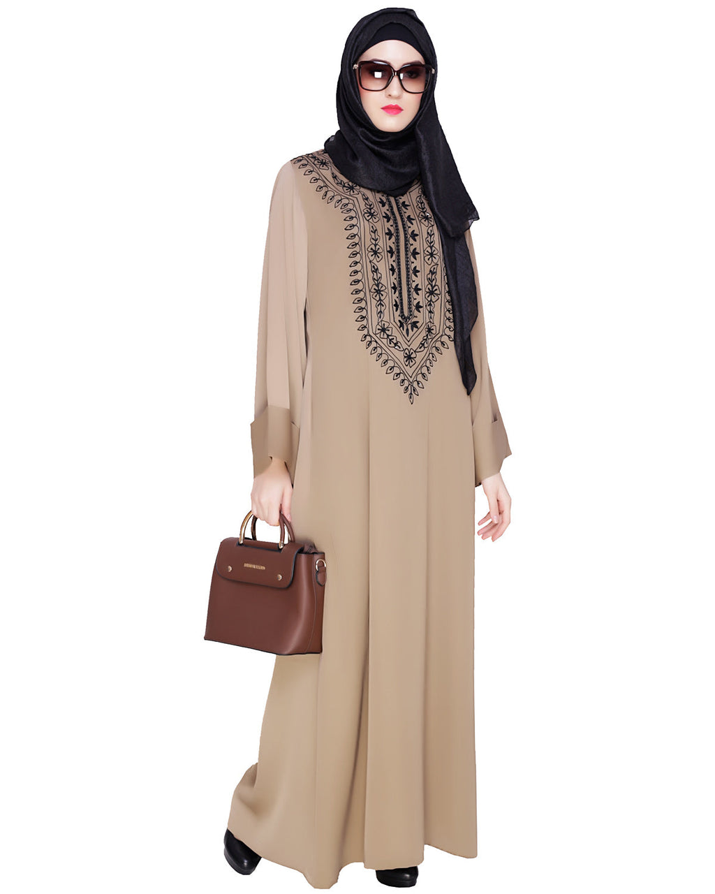 Floral Embellished Dubai Style Abaya Beige