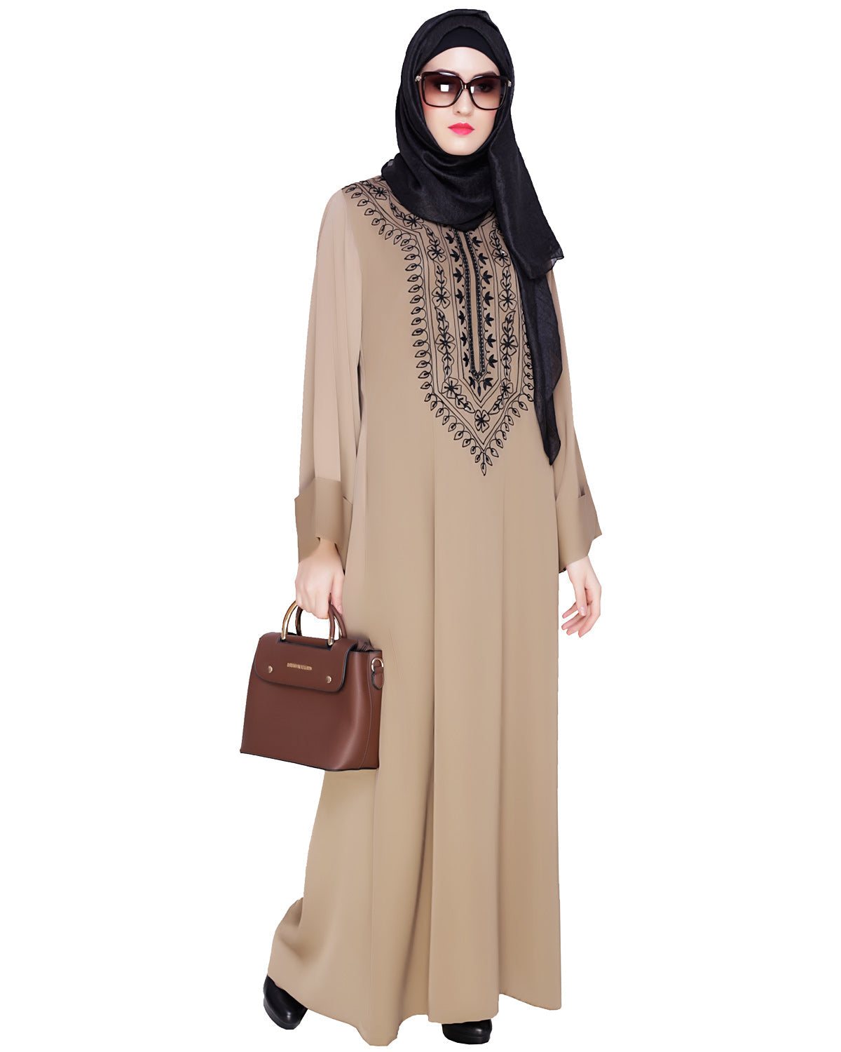 Floral Embellished Dubai Style Abaya Beige
