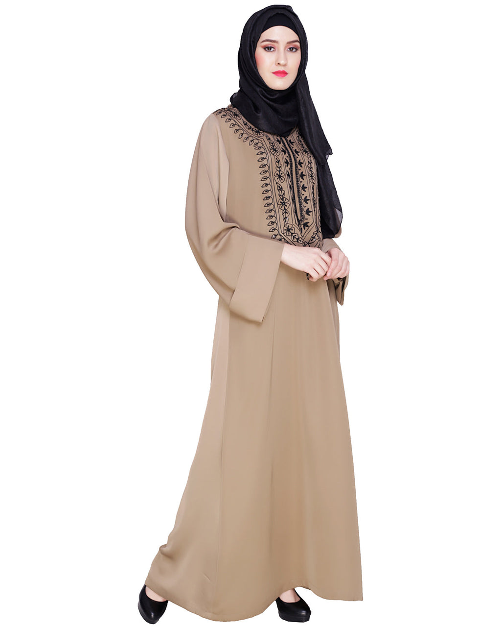 Floral Embellished Dubai Style Abaya Beige