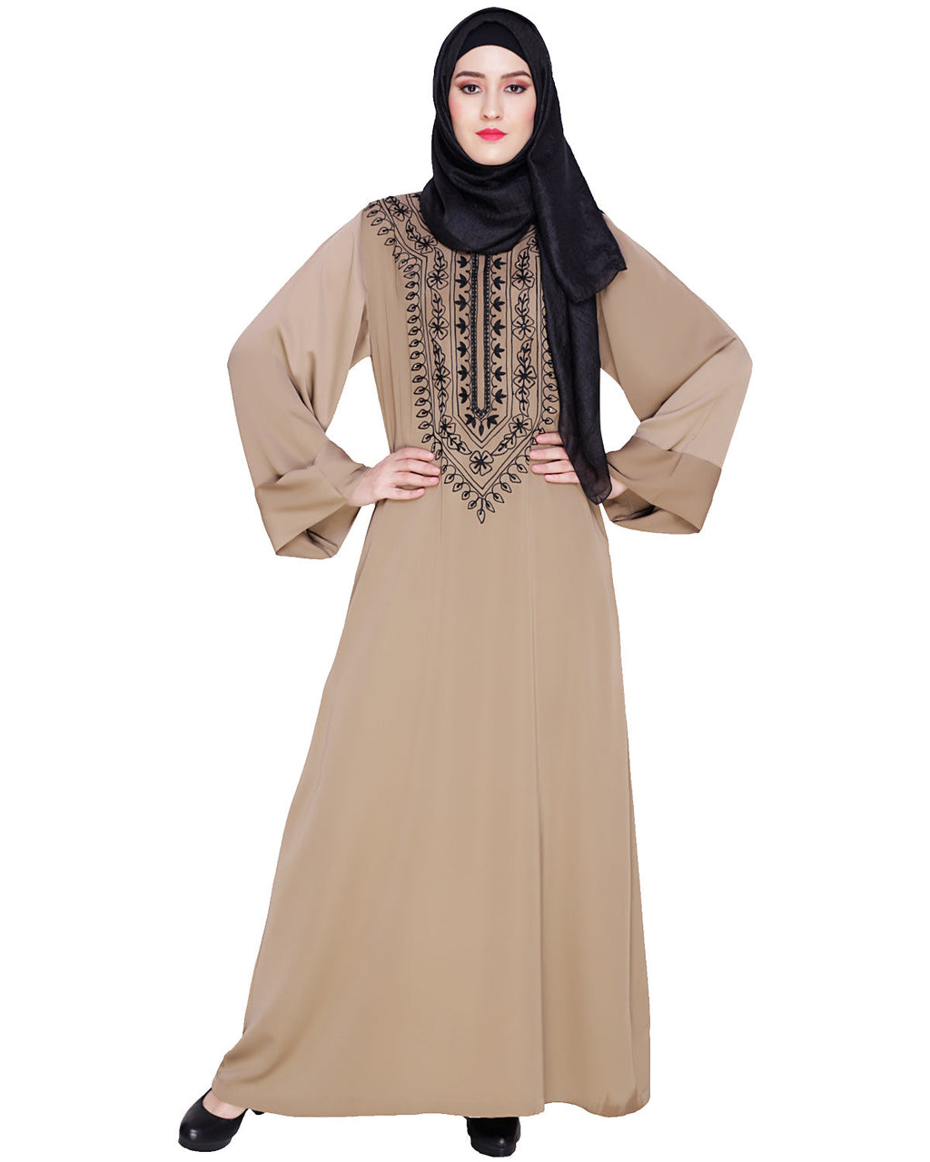Floral Embellished Dubai Style Abaya Beige