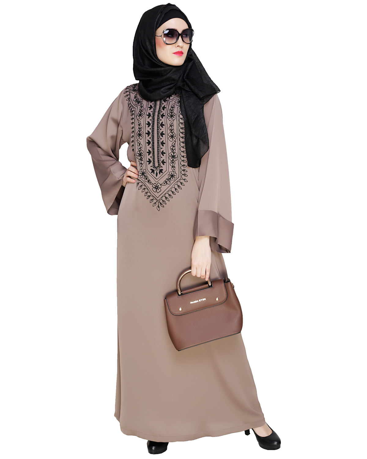 Floral Embellished Dubai Style Abaya Brown