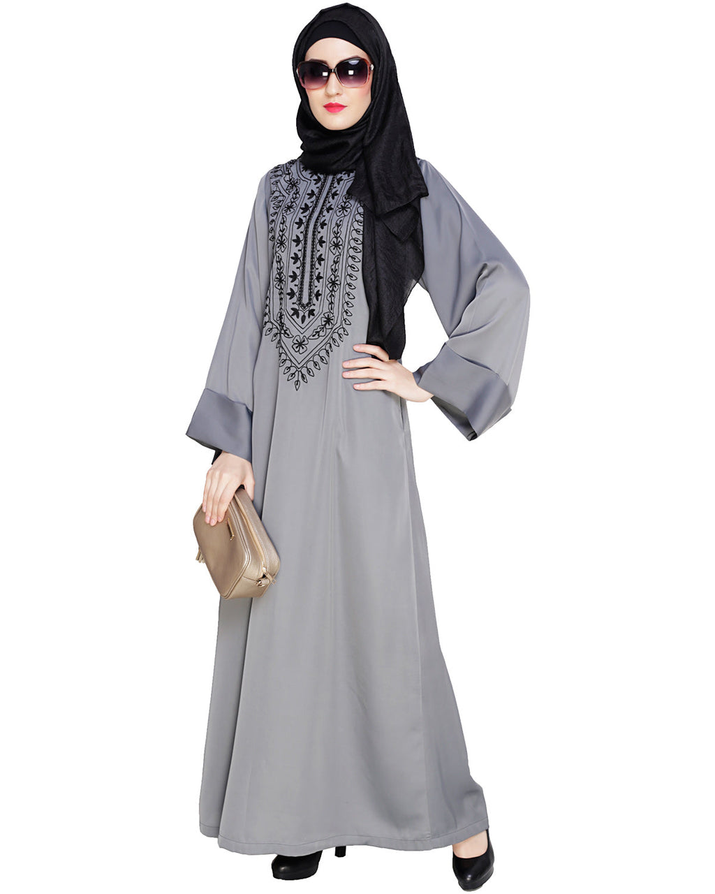 Floral Embellished Dubai Style Abaya Grey