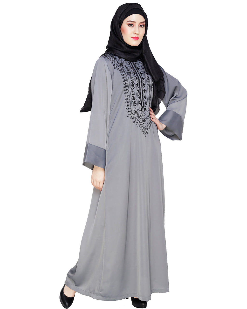 Floral Embellished Dubai Style Abaya Grey