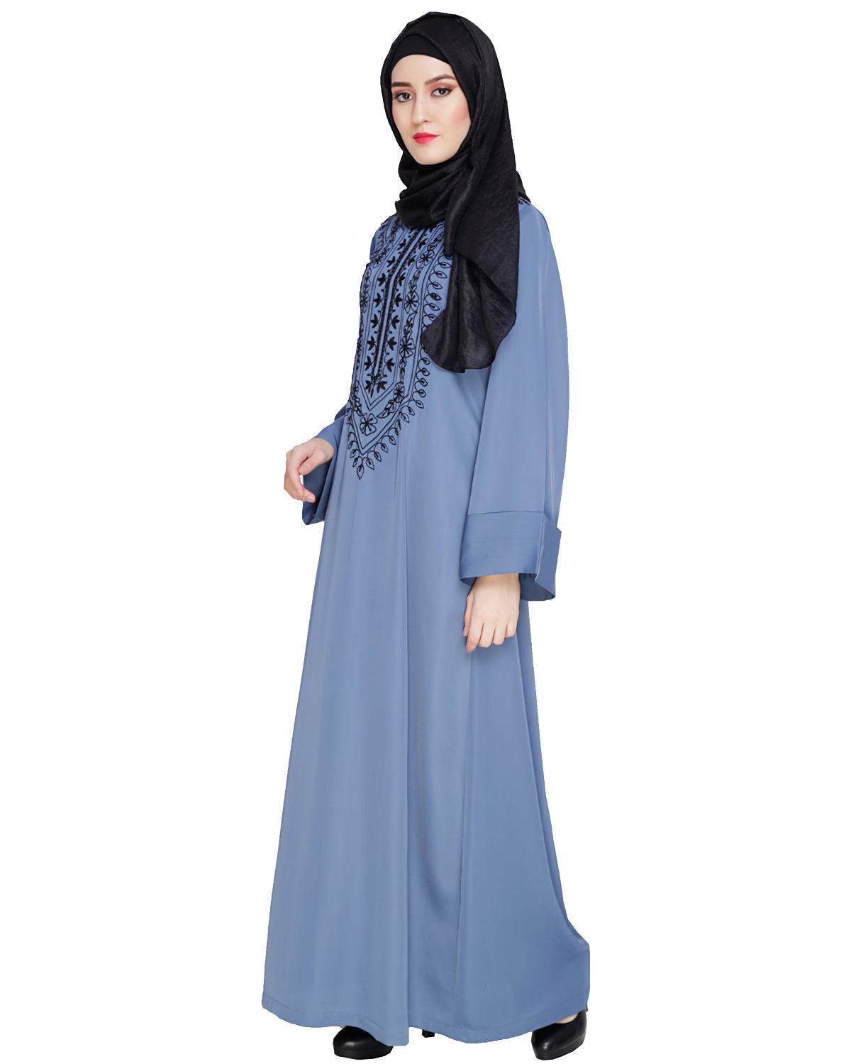 Floral Embellished Dubai Style Abaya Steel Blue