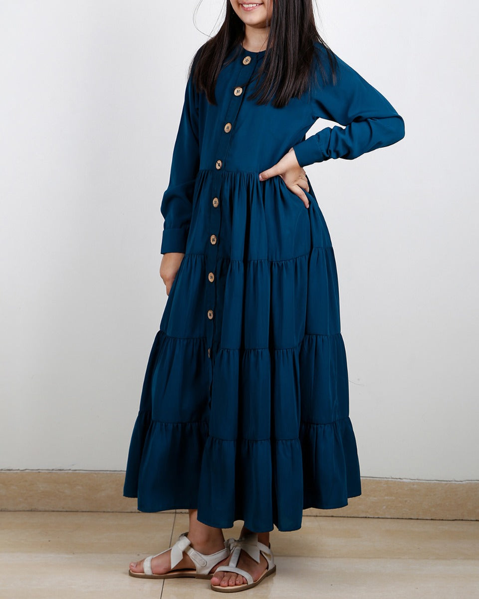 Contemporary Multi Layered Gather Kids Abaya Blue