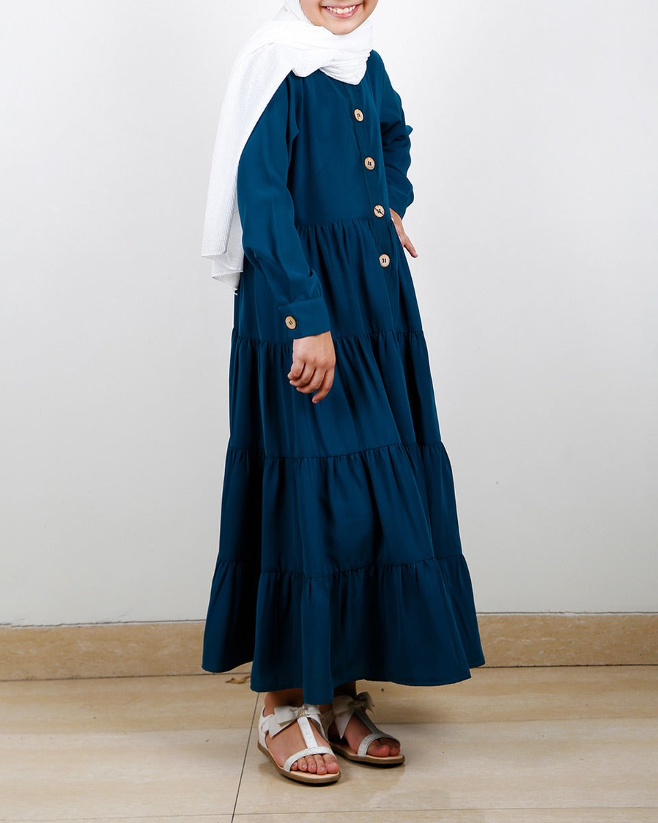 Contemporary Multi Layered Gather Kids Abaya Blue