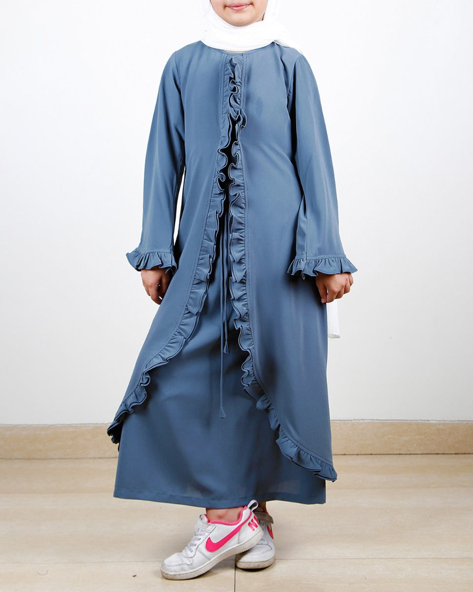 Dapper Grey Jacket Syle Frill Kids Abaya Grey